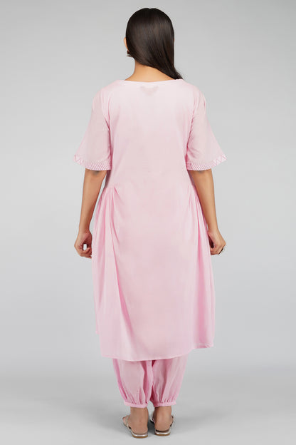 Pink Mulmul Side Gathered Kurta With Pleated Salwar