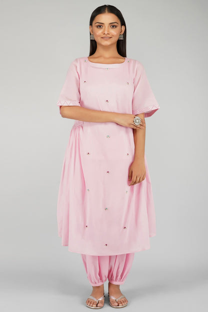 Pink Mulmul Side Gathered Kurta With Pleated Salwar