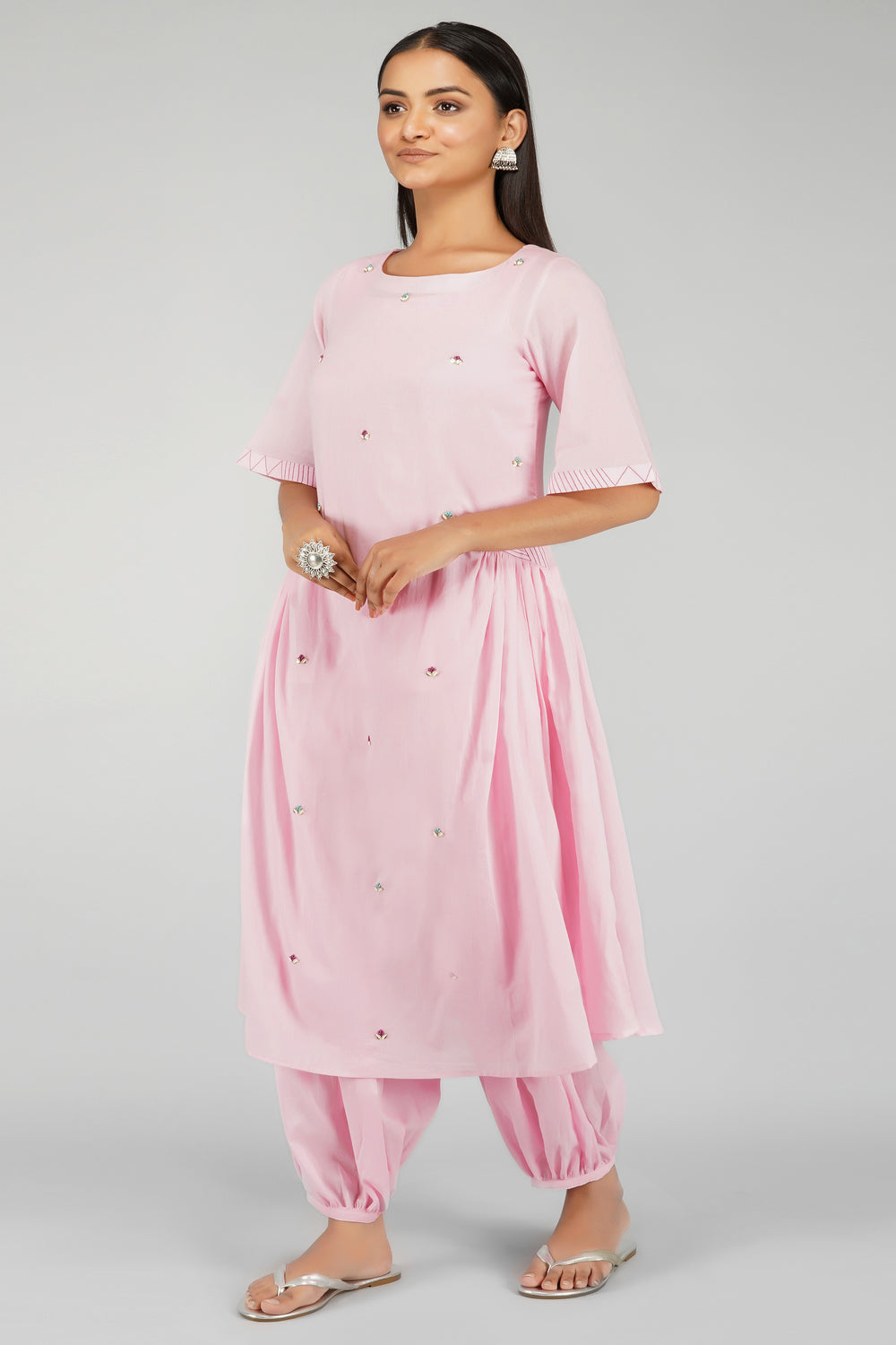 Pink Mulmul Side Gathered Kurta With Pleated Salwar