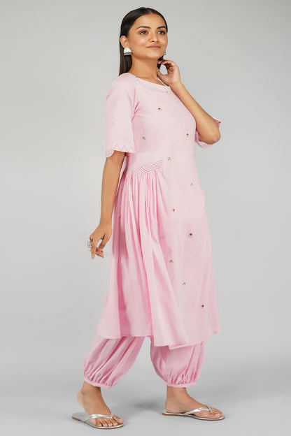 Pink Mulmul Side Gathered Kurta With Pleated Salwar