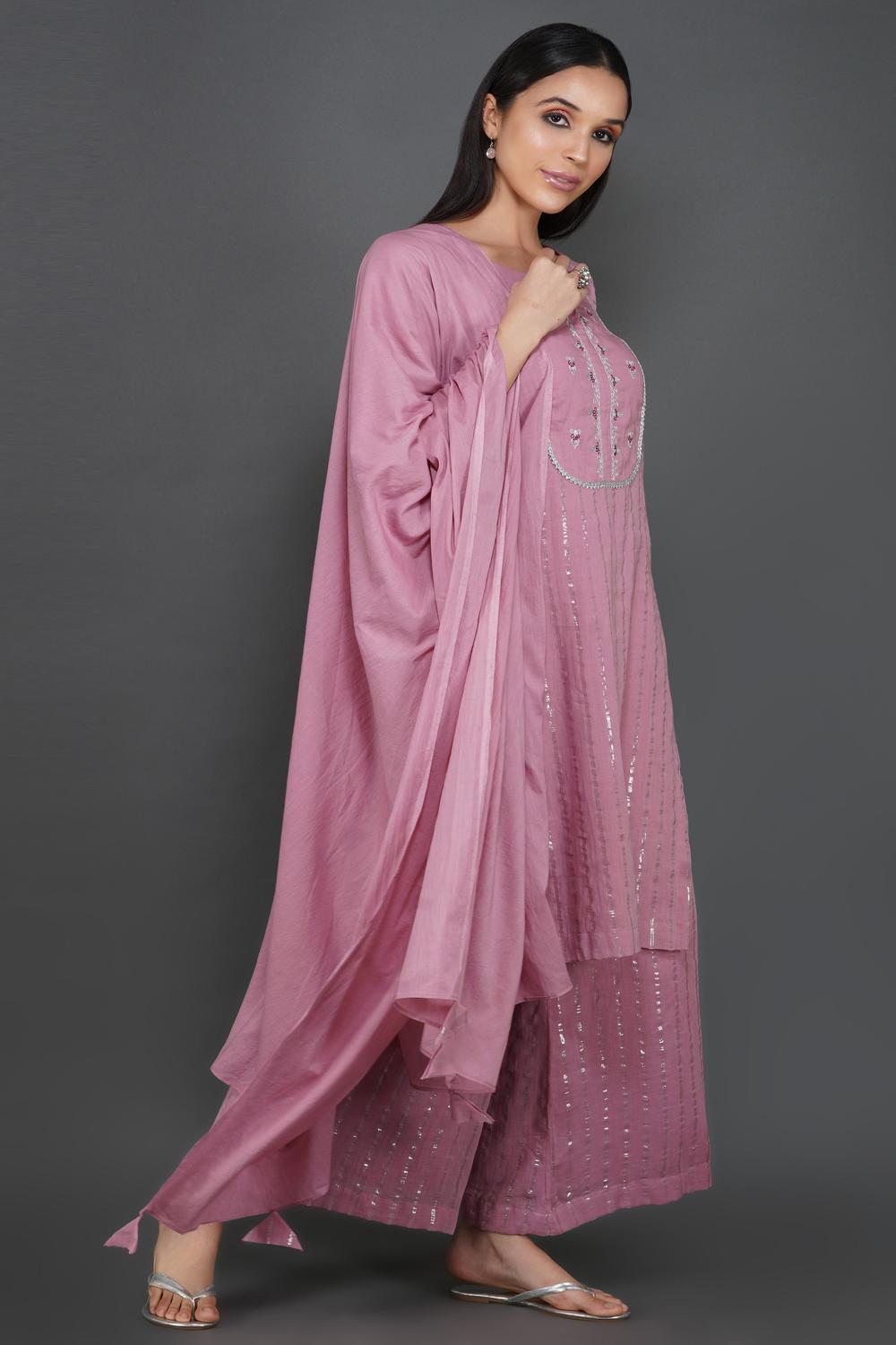 Onion Pink Hand Embroidered Cotton Lurex Kurta and Palazzo with Dupatta