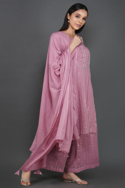 Onion Pink Hand Embroidered Cotton Lurex Kurta and Palazzo with Dupatta