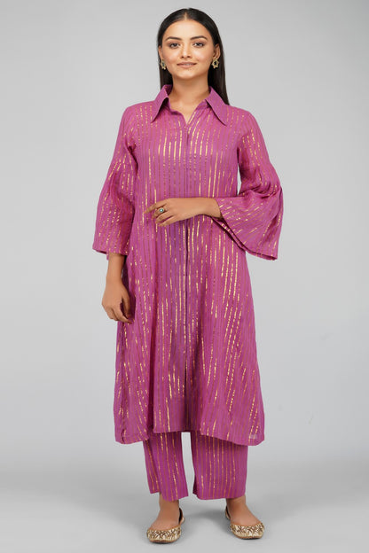 Pink Collared Lurex Kurta With Pant