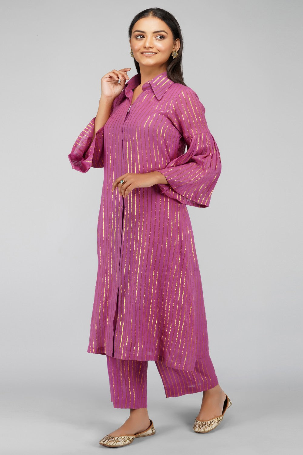 Pink Collared Lurex Kurta With Pant