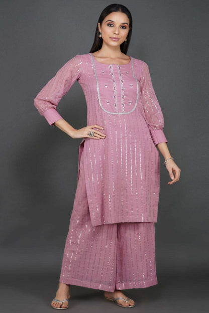 Onion Pink Hand Embroidered Cotton Lurex Kurta and Palazzo with Dupatta