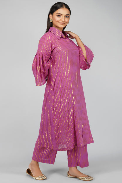 Pink Collared Lurex Kurta With Pant