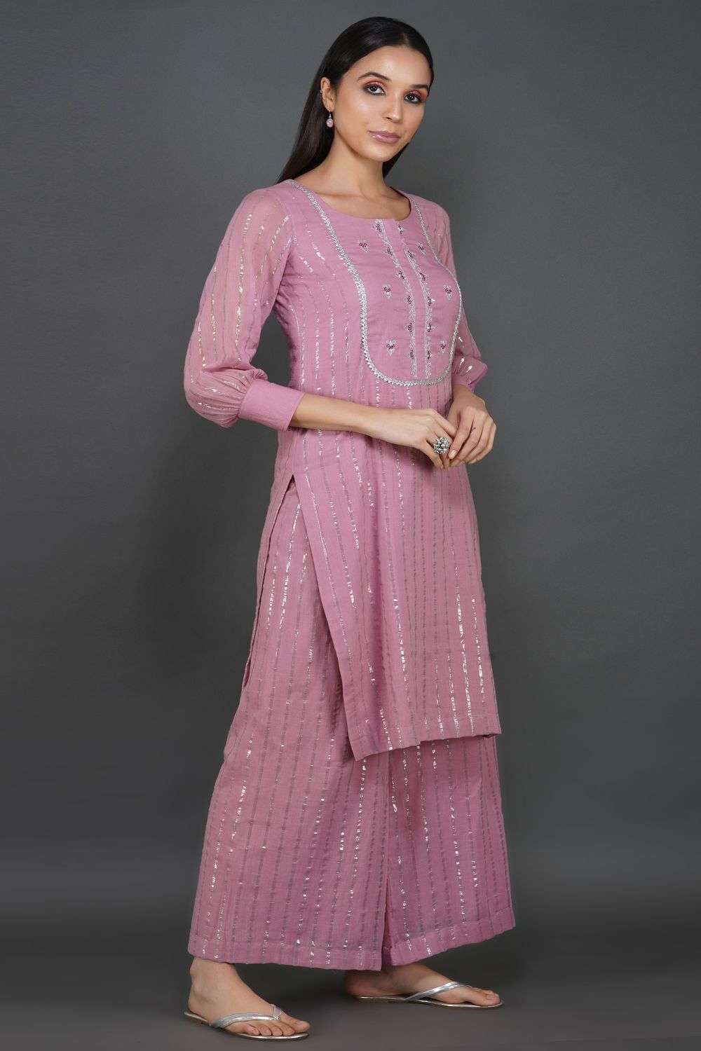 Onion Pink Hand Embroidered Cotton Lurex Kurta and Palazzo with Dupatta