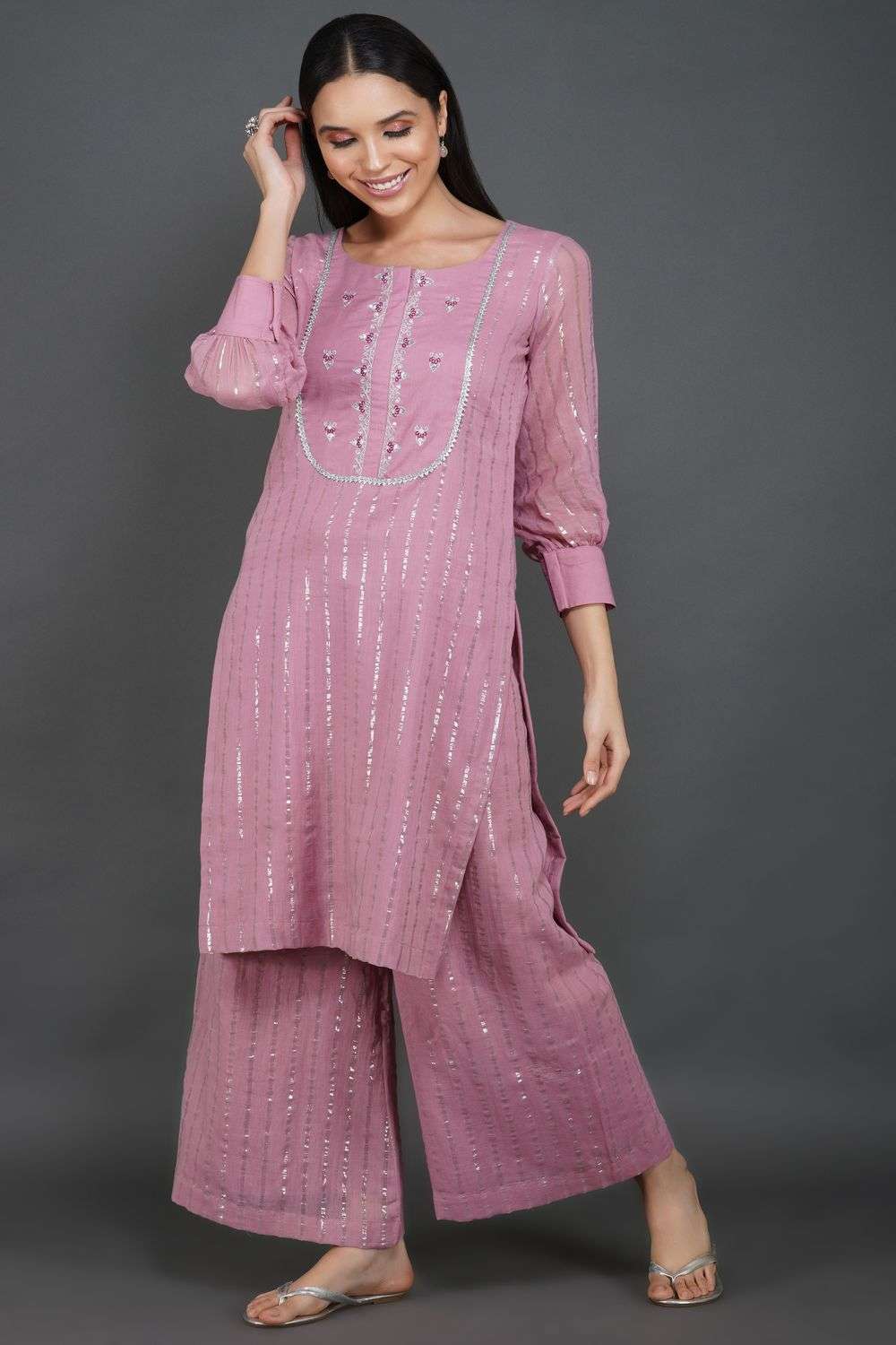 Onion Pink Hand Embroidered Cotton Lurex Kurta and Palazzo with Dupatta