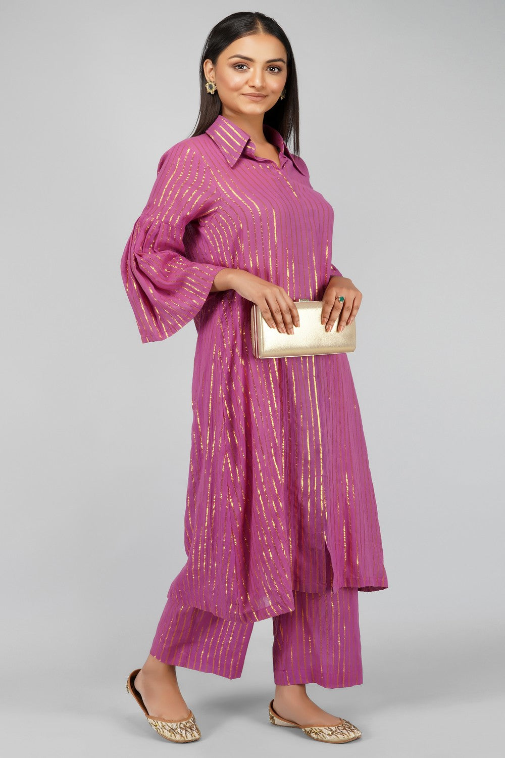 Pink Collared Lurex Kurta With Pant