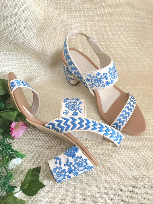 Crème & Blue Block Heels