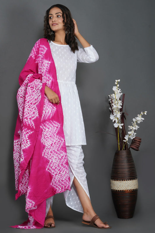 White Dobby Kurta Set With Rani Pink Shibori Print Dupatta