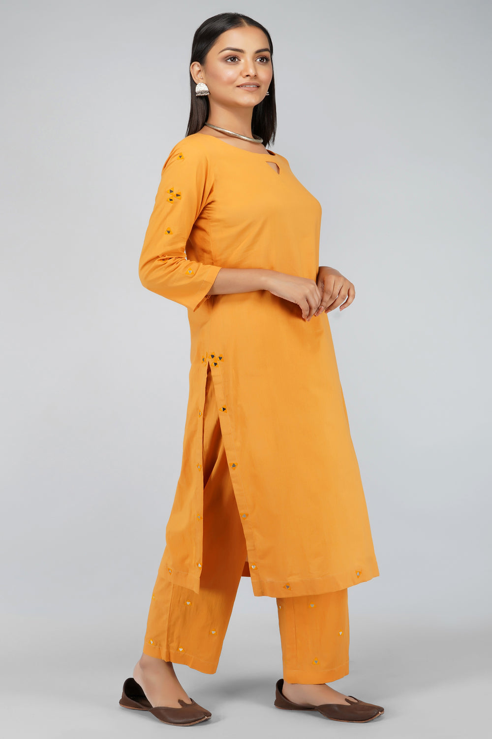 Mustard Cotton Cambric Mirror Work Suit Set