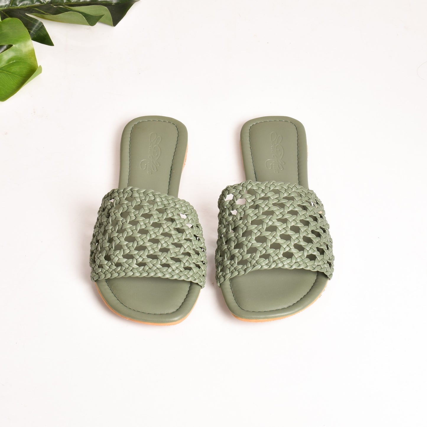 Woven Olive Green Slider Flats