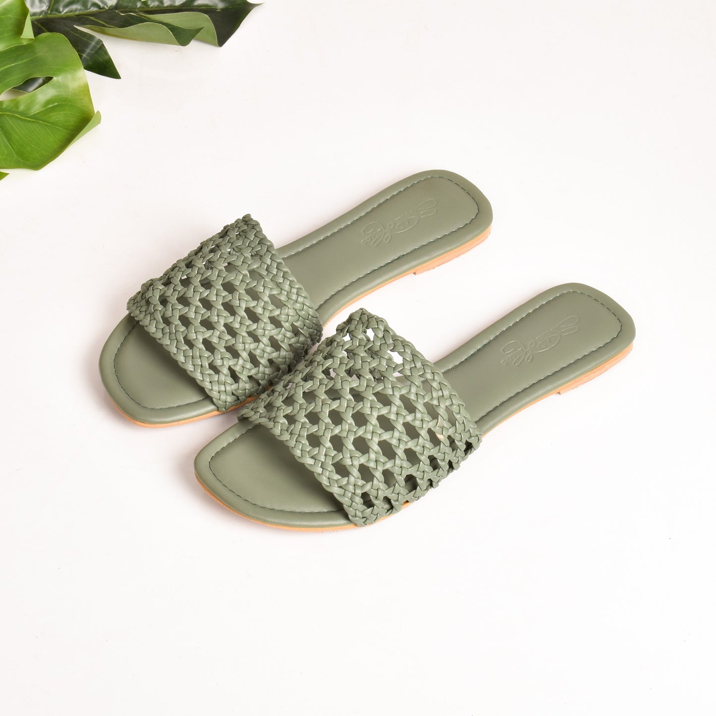 Woven Olive Green Slider Flats