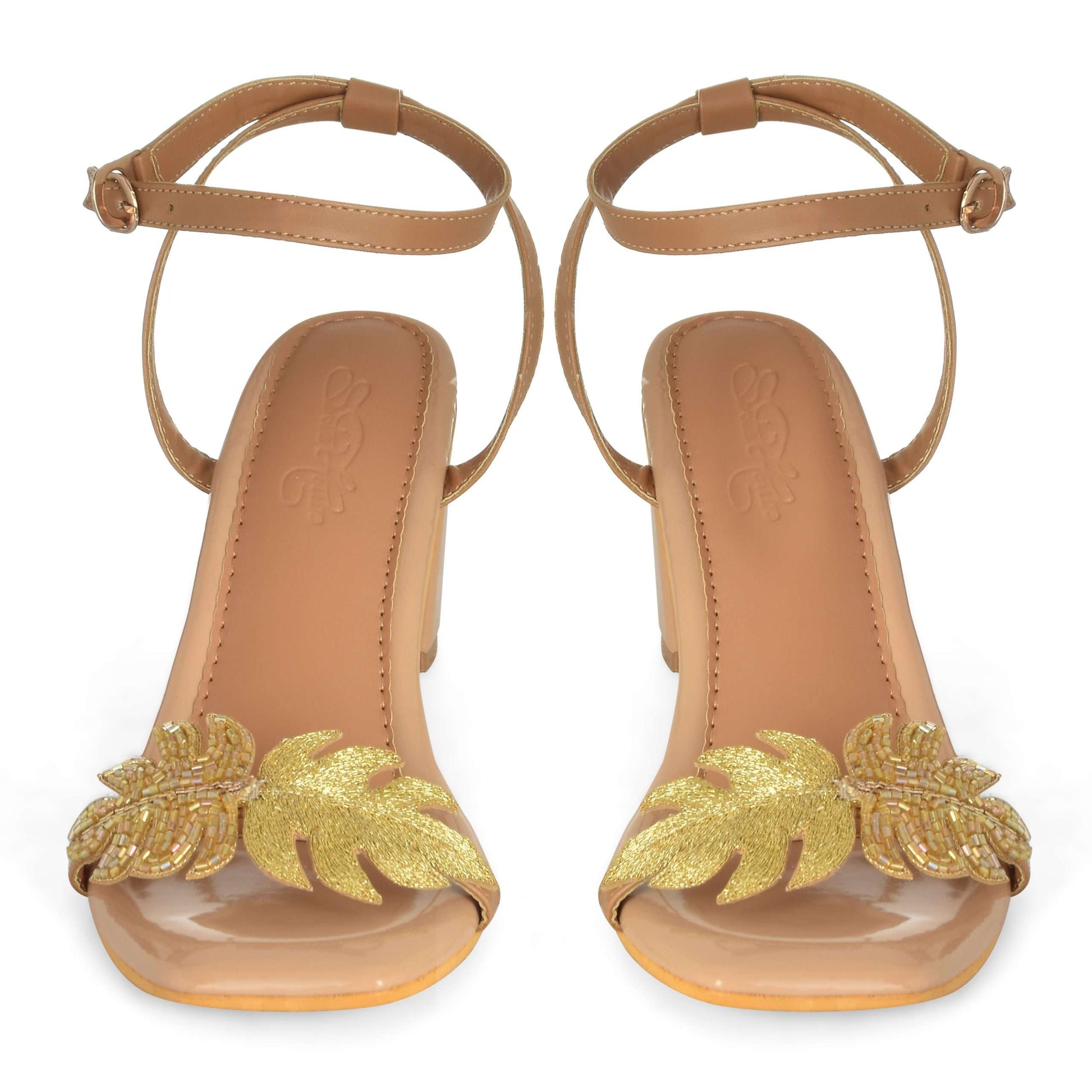 Embroidery Nude Gold Lexie 3 Inch Pencil Heels