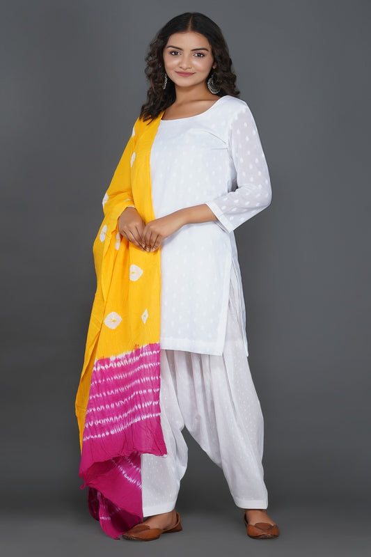 White Dobby Cotton Kurta Set With Shibori Print Dupatta