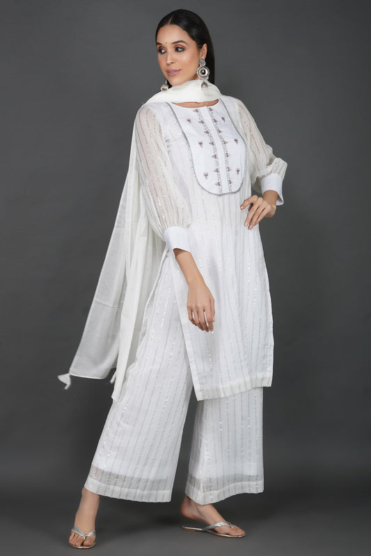 White Silver Striped Hand Embroidered Suit Set