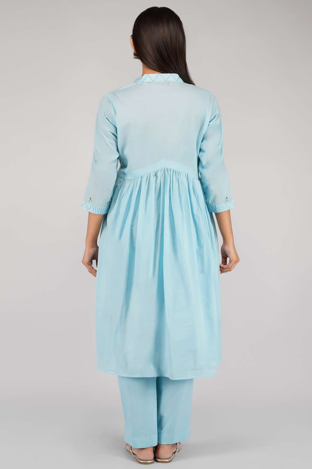 Blue Mulmul Cotton Kurta Set With Pearl Work