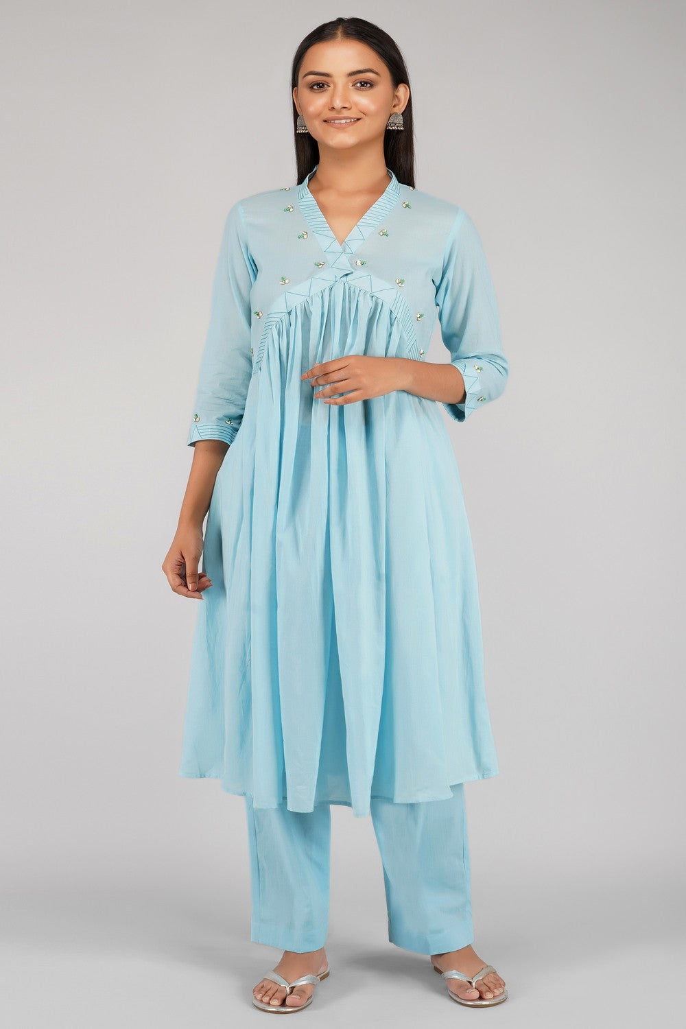 Blue Mulmul Cotton Kurta Set With Pearl Work