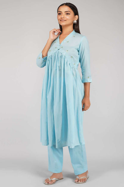 Blue Mulmul Cotton Kurta Set With Pearl Work