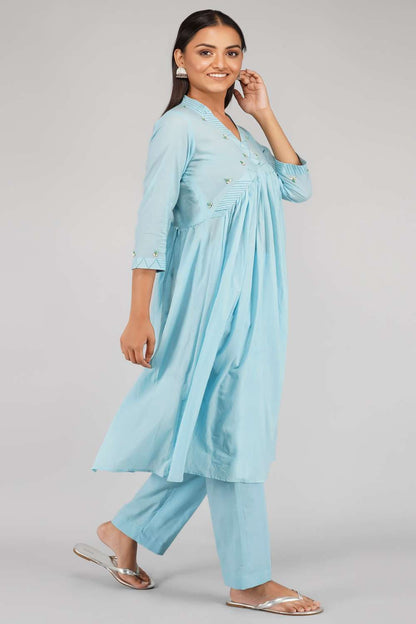 Blue Mulmul Cotton Kurta Set With Pearl Work