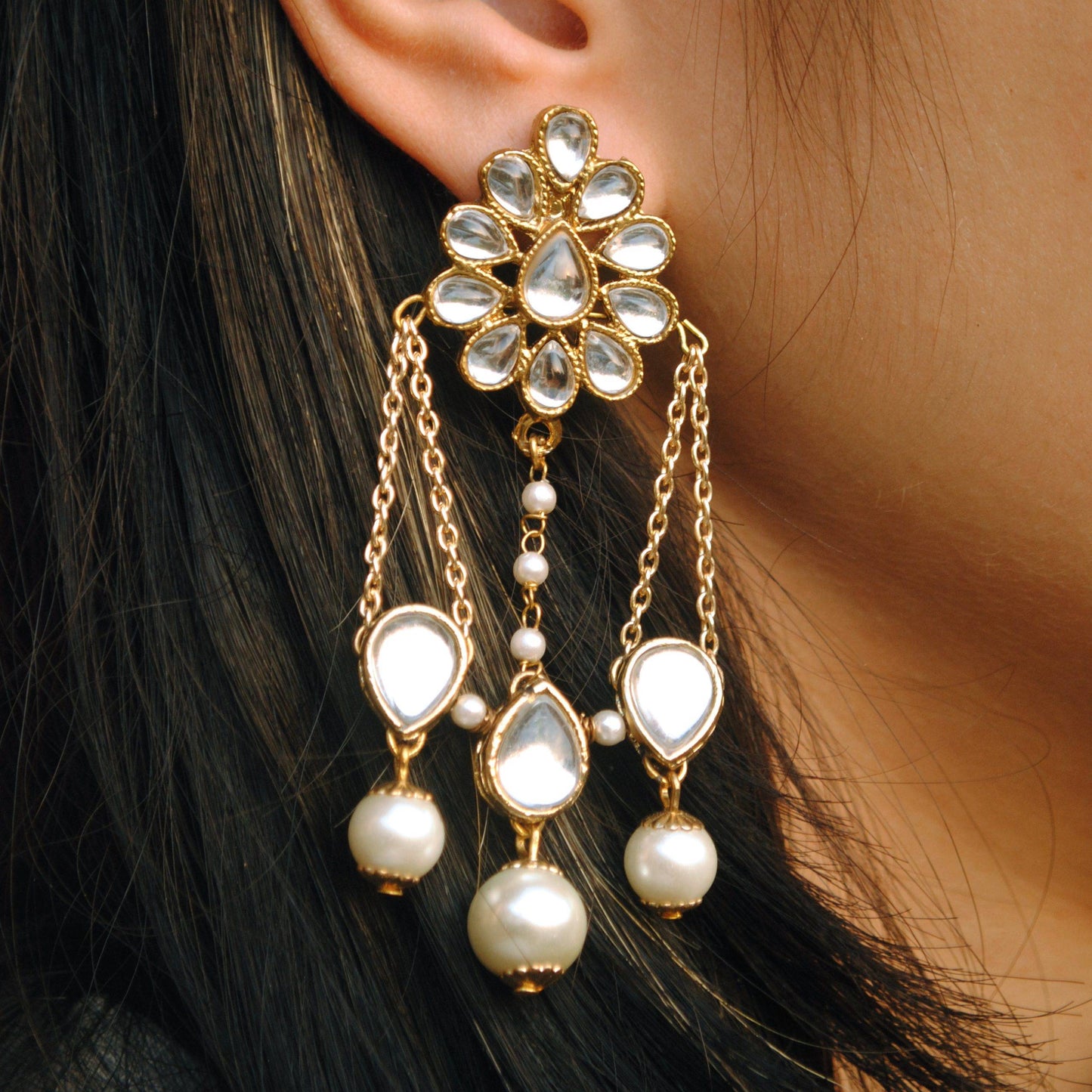 Kundan Dangling Interlinked Pear Earrings