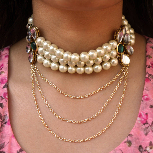 Pearl And Kundan Multi Chain Necklace