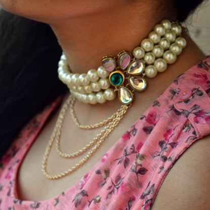 Pearl And Kundan Multi Chain Necklace