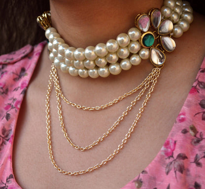 Pearl And Kundan Multi Chain Necklace