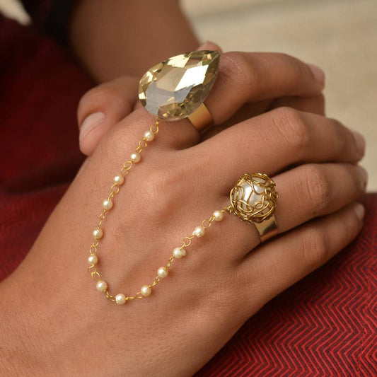 Crystal and Pearl Two Finger Ring