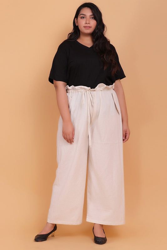 Paperbag Style High-Waist Cotton Trousers