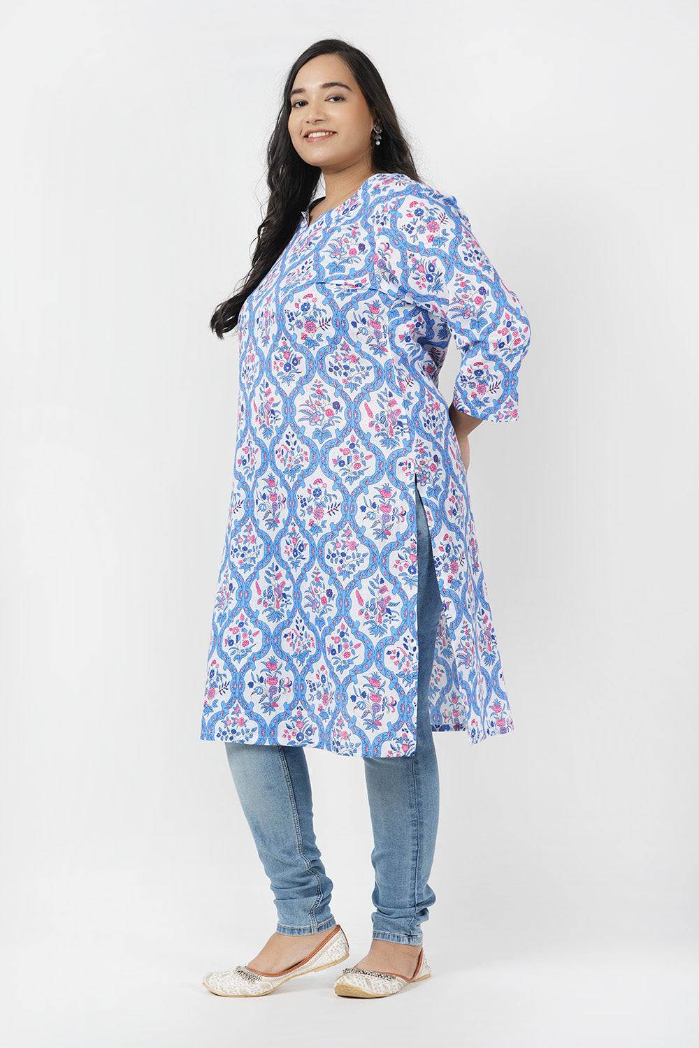 Mist Blue Floral Cotton Kurti