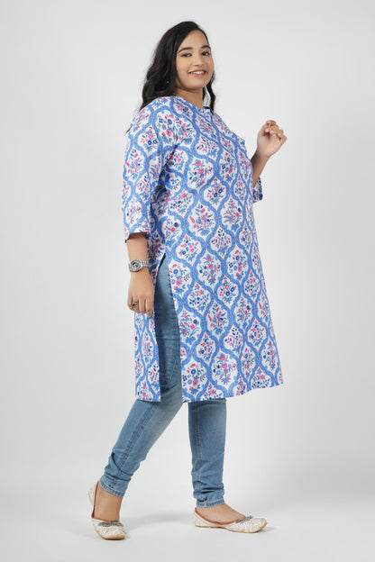 Mist Blue Floral Cotton Kurti