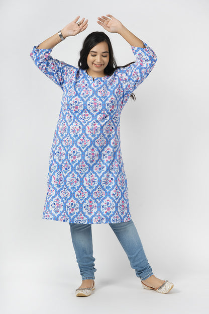 Mist Blue Floral Cotton Kurti