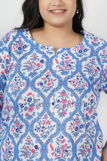 Mist Blue Floral Cotton Kurti