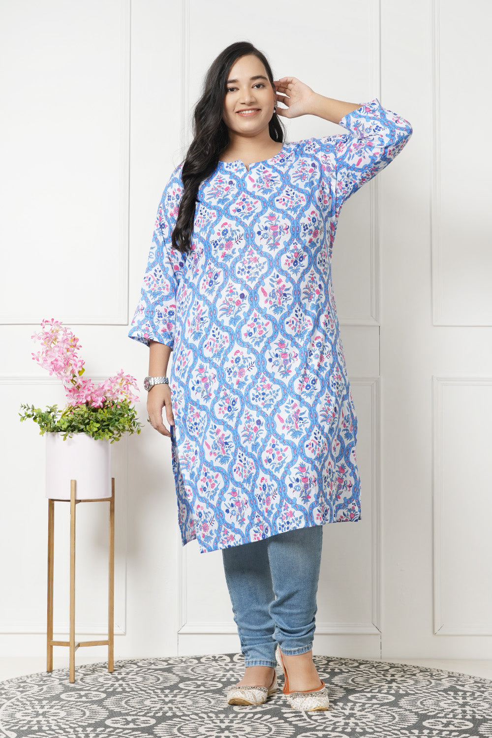 LastInch Mist Blue Floral Cotton Kurti