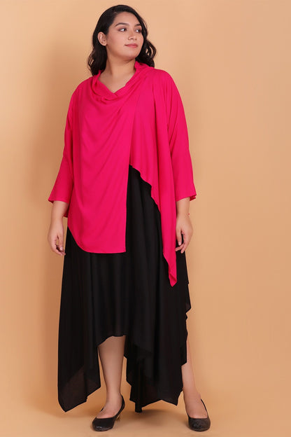 Midi dress with pink cowl shrug