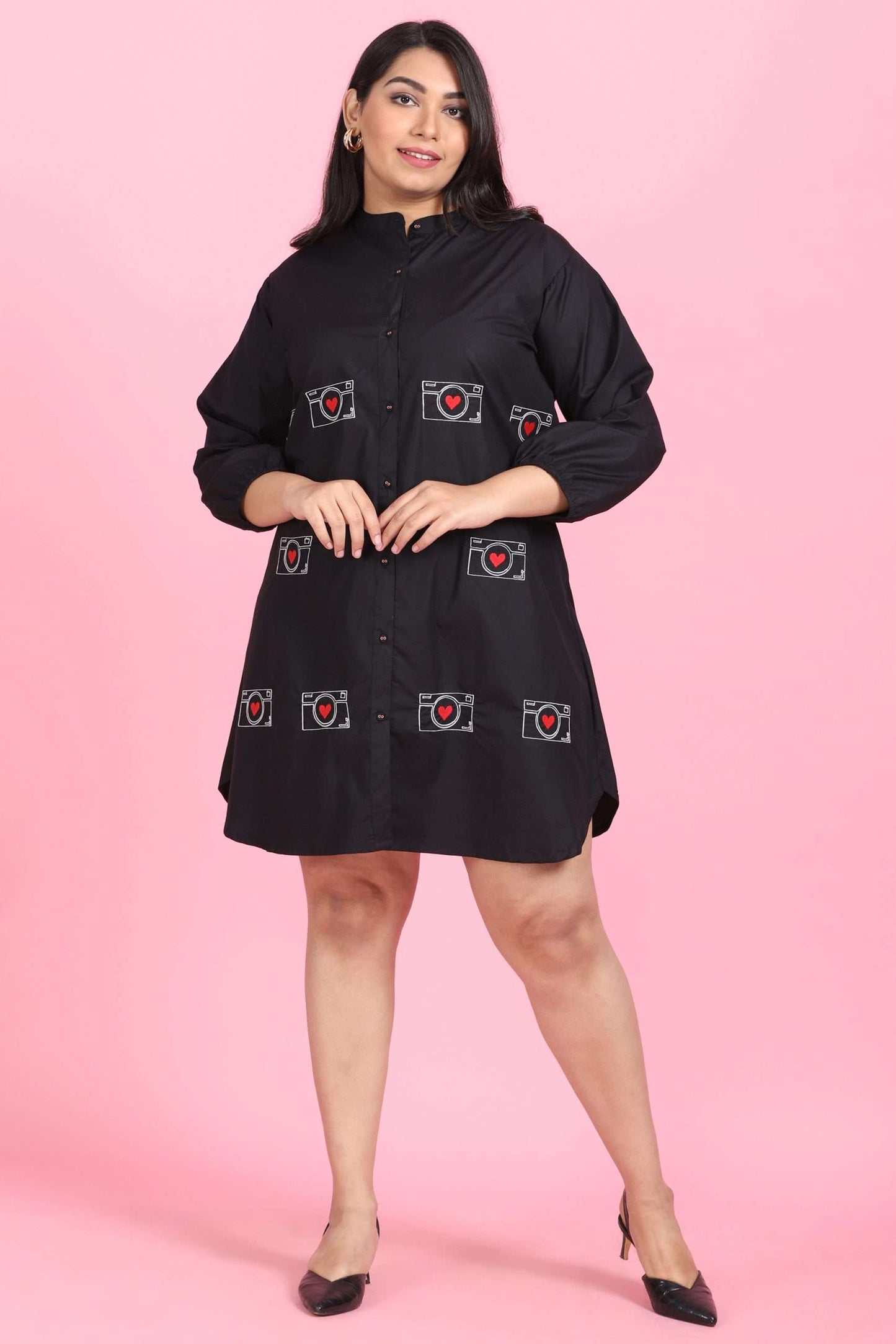 Camera Embroidered Shirt Dress