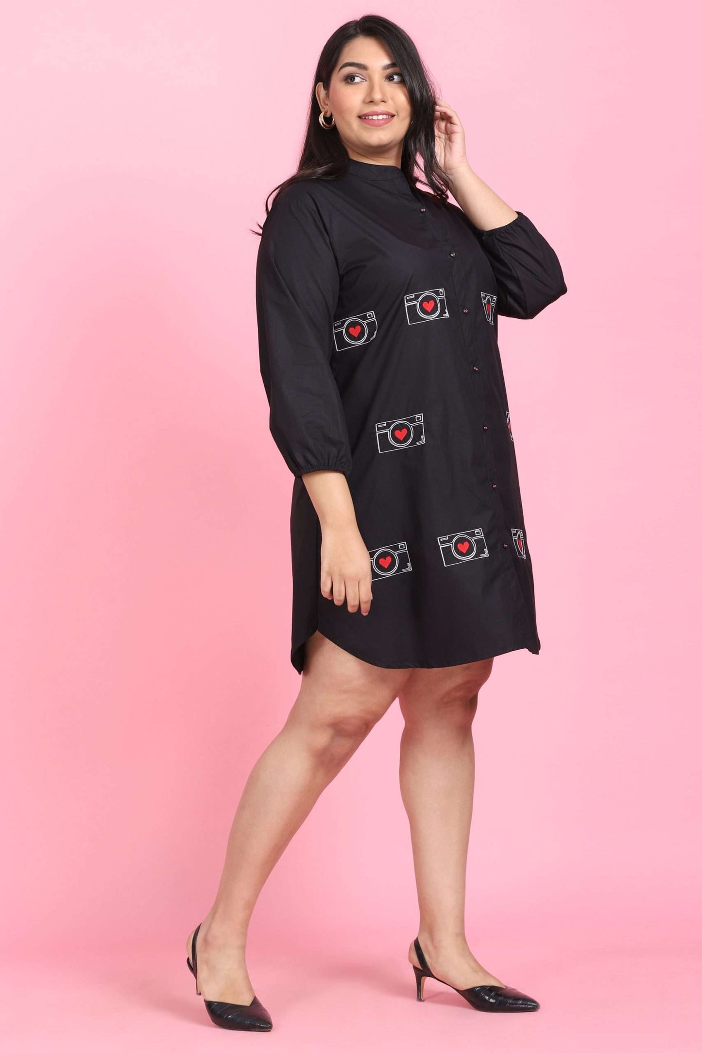 Camera Embroidered Shirt Dress