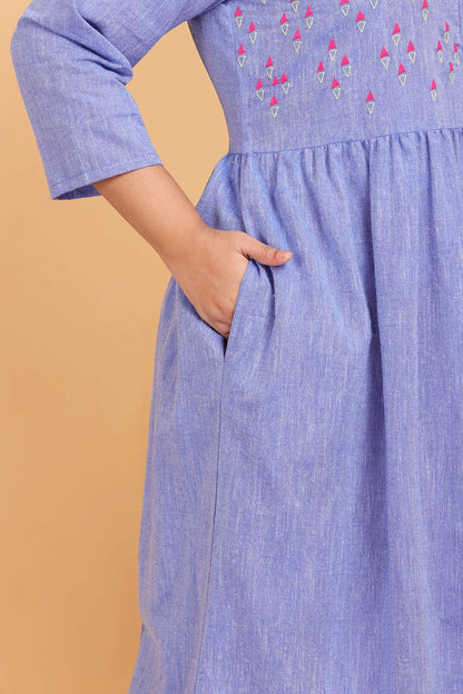 Blue Chambray Embroidered Dress