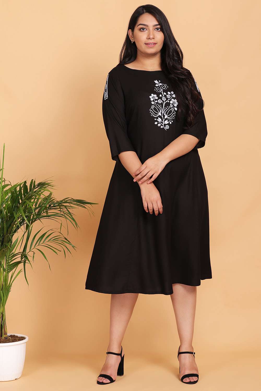 Solid Black Embroidered Midi Dress