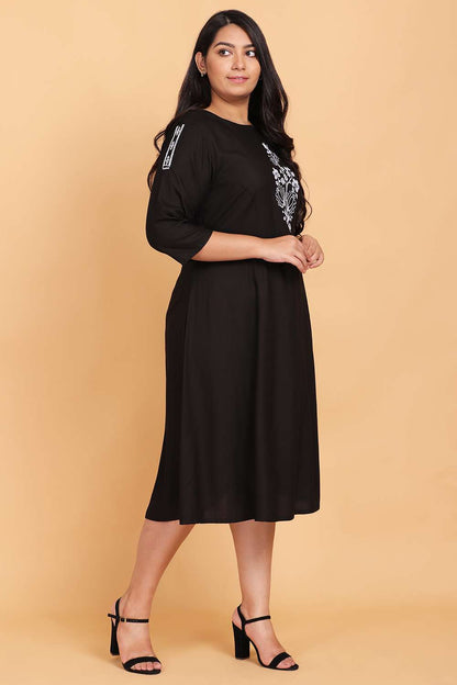 Solid Black Embroidered Midi Dress