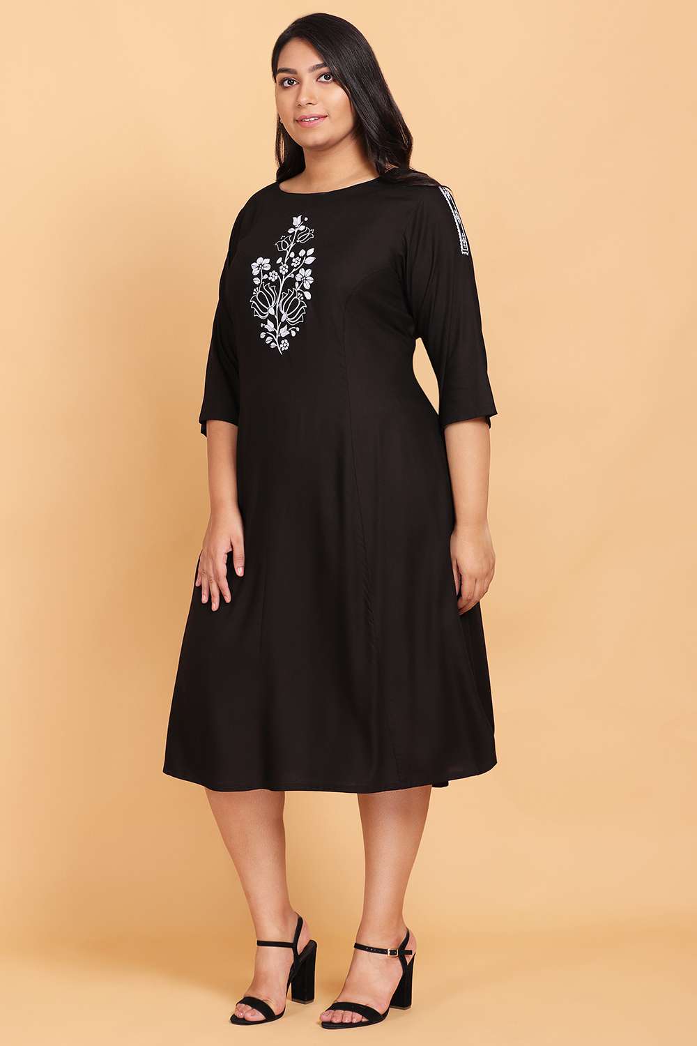 Solid Black Embroidered Midi Dress