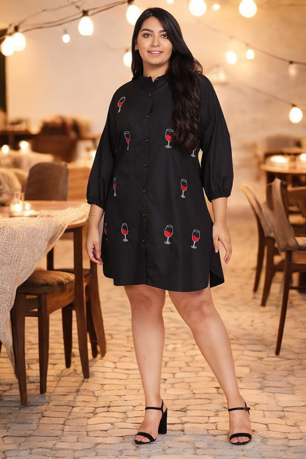 Wine Embroidered Shirt Dress