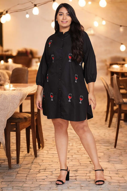 Wine Embroidered Shirt Dress