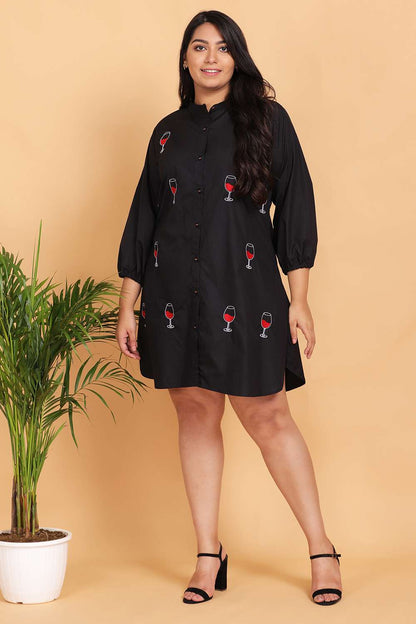 Wine Embroidered Shirt Dress