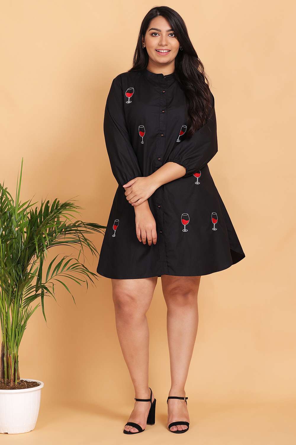 Wine Embroidered Shirt Dress