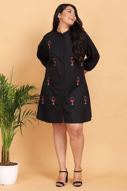 Wine Embroidered Shirt Dress