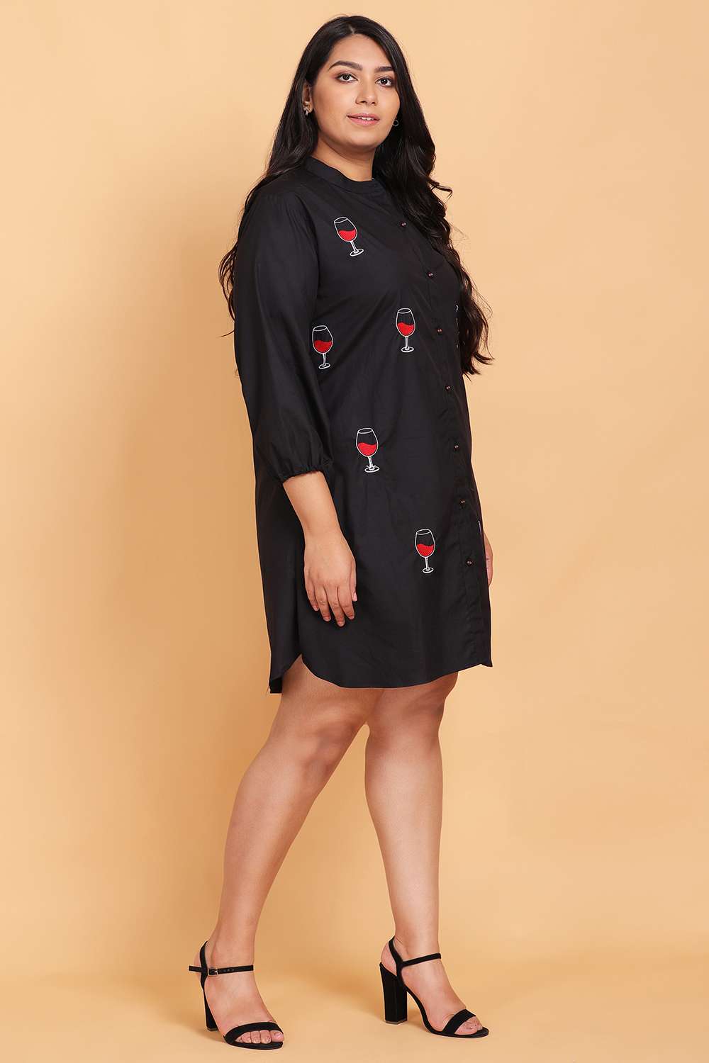 Wine Embroidered Shirt Dress