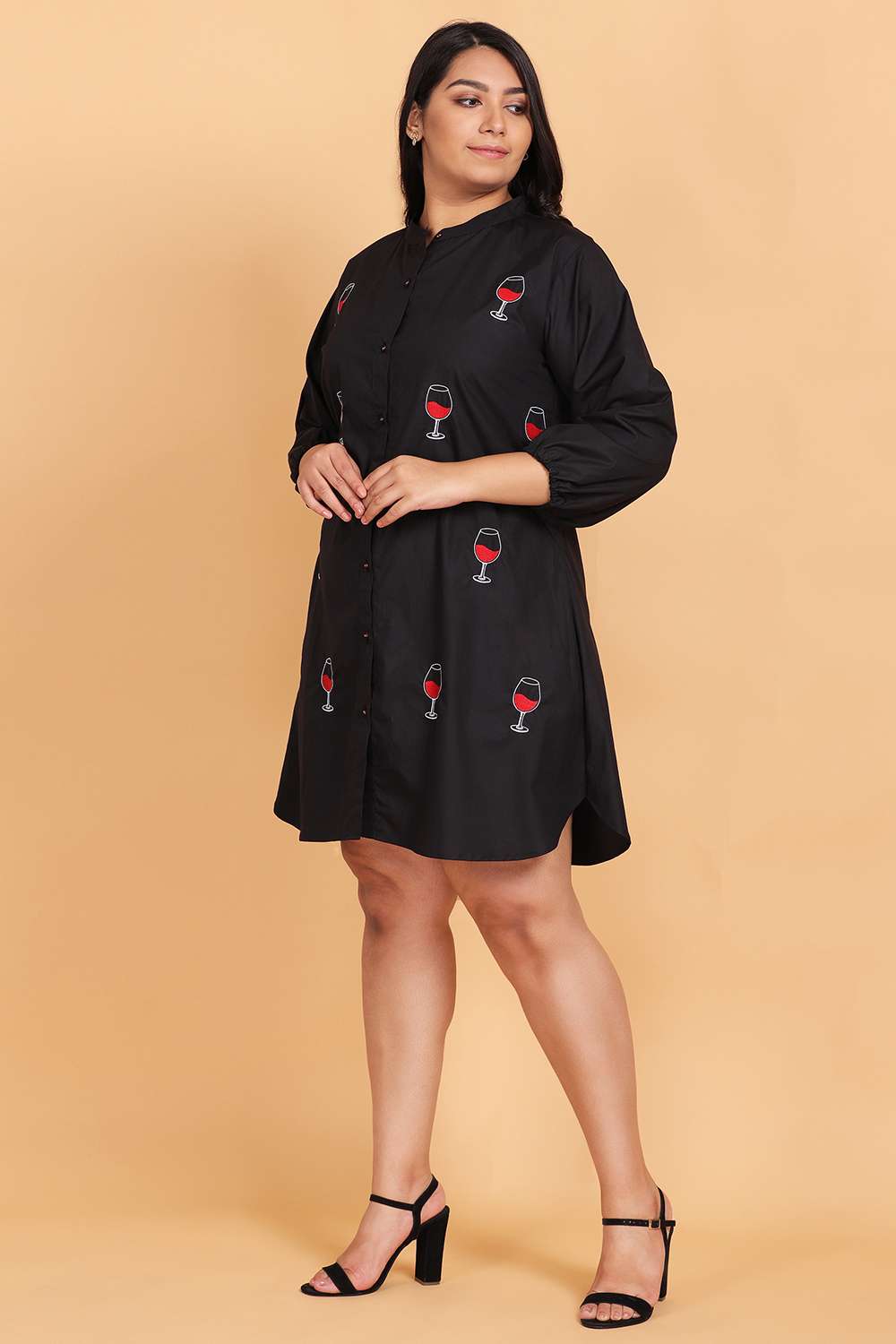 Wine Embroidered Shirt Dress